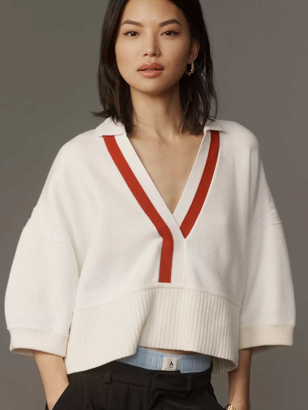 Anthropologie - Maeve Elbow-Sleeve Compact Collared V-Neck Sweater